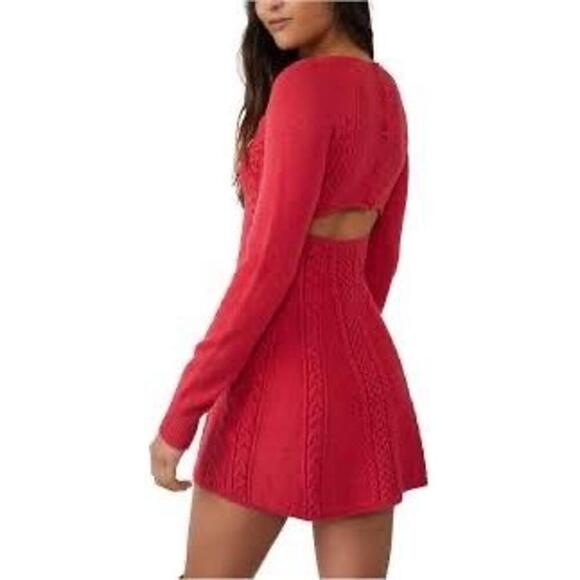 Free People Red V-Neck Cable Knit Sweater Mini Dress Size Small - Picture 3 of 7